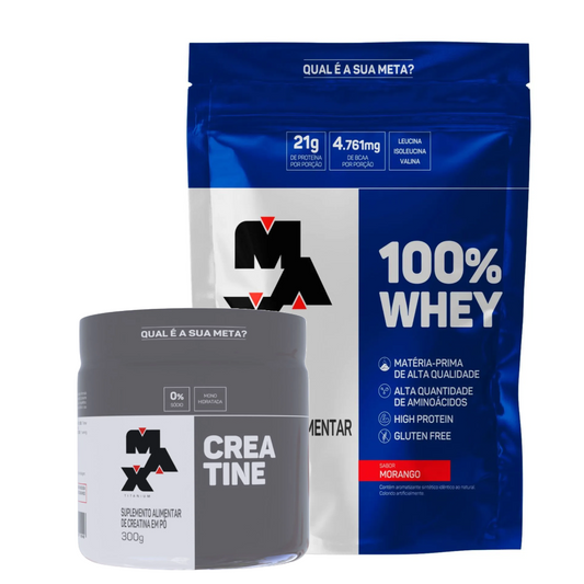 KIT BÁSICO 100% WHEY 900G REFIL-MAX TITANIUM SABOR:MORANGO