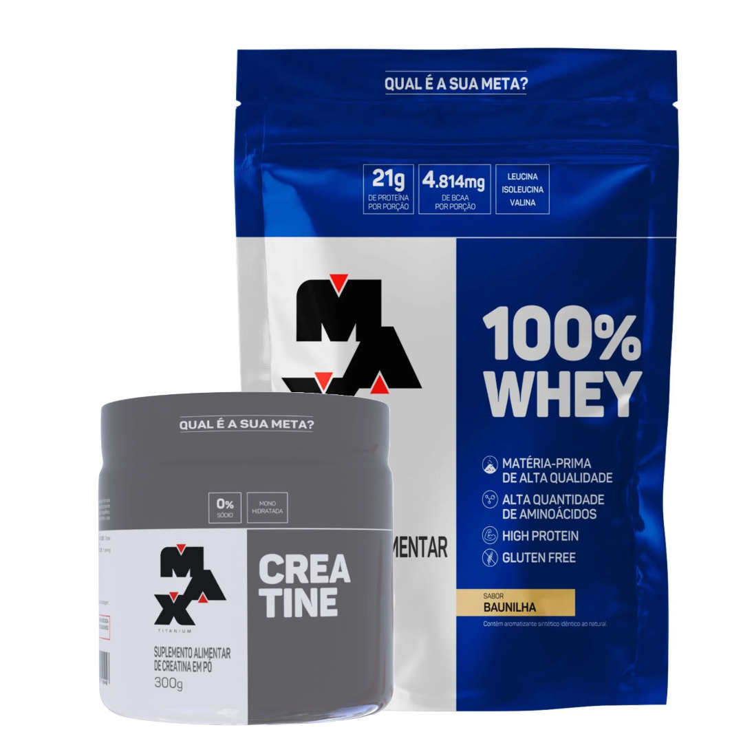 KIT BÁSICO 100% WHEY 900G REFIL-MAX TITANIUM SABOR:BAUNILHA